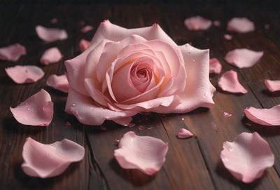 The primary subject of the image is a single pink rose, which is placed on a wooden surface. The setting is a table with a wooden background. The visual style is a photo, capturing the beauty of the rose in its natural environment. The dominant colors are pink and white, creating a serene and romantic atmosphere.