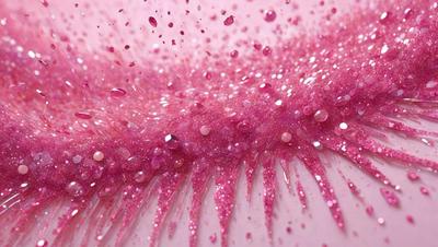 The primary subject of the image is a close-up of a pink substance, possibly a frosting or a liquid, with a lot of pink glitter or confetti mixed in. The setting appears to be a pink surface, possibly a table or a counter. The visual style of the image is a close-up, which emphasizes the pink substance and the glittery particles. The colors and mood of the image are predominantly pink, with a hint of glittery sparkle,