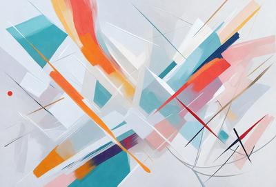 The primary subject of the image is a colorful abstract art piece, featuring a mix of blue, orange, and white colors. The setting is a white background, which provides a clean and minimalist appearance. The visual style is a combination of digital art and illustration, creating a vibrant and dynamic composition. The colors and mood of the artwork evoke a sense of energy and creativity, making it an engaging and visually appealing piece.