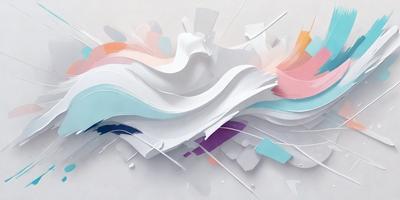 The primary subject of the image is a white paper cutout of a wave. The setting is a white background, and the visual style appears to be a combination of digital art and illustration. The colors and mood of the image are predominantly white, with a touch of blue and purple, creating a clean and calming atmosphere.