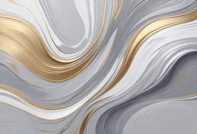 The primary subject of the image is a large, intricate, and colorful design that appears to be a combination of gold, white, and gray. The design is likely a digital art or illustration, as it is not a photo or a clipart. The setting or background of the image is a gray surface, which contrasts with the vibrant colors of the design. The overall atmosphere of the image is dynamic and visually appealing, with the gold, white, and gray colors creating a sense of depth and complexity.