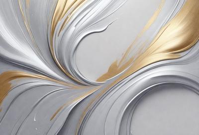 The primary subject of the image is a painting of a swirl, featuring a mix of gold, white, and grey colors. The setting is a white background, and the visual style appears to be a combination of digital art and illustration. The painting creates a sense of depth and movement, with the gold and white colors adding a sense of warmth and elegance to the overall atmosphere.
