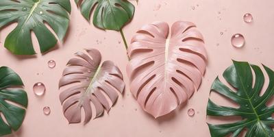 The image features a pink background with a variety of pink and green leaves. The leaves are arranged in different positions, creating a visually appealing scene. The primary subject of the image is the leaves, which are the main focus of the image. The setting is a pink background, which adds a warm and inviting atmosphere to the scene. The visual style of the image is a combination of photo and digital art, creating a unique and artistic representation of the leaves. The colors and mood of the image are predominantly