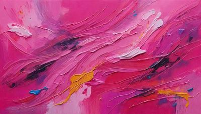 The primary subject of the image is a painting of a pink background with yellow and orange streaks. The setting is a canvas, and the visual style is a painting. The dominant colors are pink, yellow, and orange, creating a warm and vibrant atmosphere.