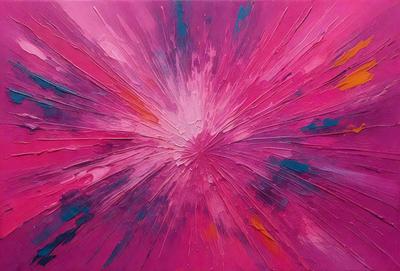 The primary subject of the image is a large, colorful, and abstract painting. The painting features a pink background with a mix of purple and blue colors. The visual style of the painting is a combination of digital art and illustration, creating a unique and vibrant appearance. The colors and mood of the painting are lively and energetic, with the pink background providing a warm and inviting atmosphere.