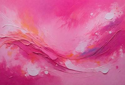 The primary subject of the image is a painting of a wave, featuring a pink background. The setting is a canvas, and the visual style is a painting. The dominant colors are pink and white, creating a warm and calming atmosphere.
