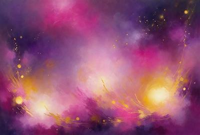 The primary subject of the image is a purple and pink sky with yellow stars. The setting is a night sky, and the visual style is a painting or digital art. The colors and mood of the image are vibrant and lively, with the purple and pink hues creating a sense of warmth and the yellow stars adding a touch of brightness.