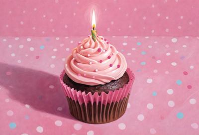 The primary subject of the image is a cupcake with a lit candle on top, placed on a pink surface. The setting is a pink background, and the visual style appears to be a painting or drawing. The colors in the image are predominantly pink, creating a warm and inviting atmosphere.