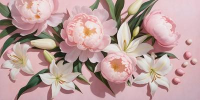 The primary subject of the image is a bouquet of pink flowers, including peonies and lilies, arranged on a pink background. The flowers are depicted in a painting style, which gives the image a vibrant and artistic appearance. The colors of the flowers and the background create a warm and inviting atmosphere.