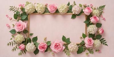 The primary subject of the image is a pink and white floral arrangement, which is displayed in a gold frame. The setting is a pink background, and the visual style appears to be a photo. The colors and mood of the image are predominantly pink and white, creating a warm and inviting atmosphere.