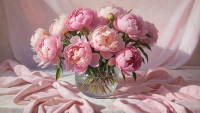 The primary subject of the image is a vase filled with pink flowers. The vase is placed on a table, and the flowers are arranged in a visually appealing manner. The setting appears to be a room with a pink background, which adds to the overall mood of the scene. The visual style of the image is a realistic representation of the flowers and vase, capturing the beauty of the pink flowers in the vase.