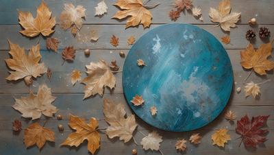 The primary subject of the image is a blue plate with a leaf design on it. The plate is placed on a wooden table, which serves as the setting. The visual style of the image is a painting, giving it a more artistic and detailed appearance. The dominant colors in the painting are blue and brown, creating a warm and earthy atmosphere.