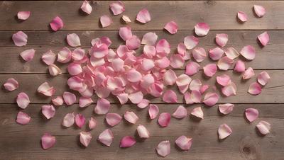 The primary subject of the image is a pile of pink petals, which are scattered across a wooden surface. The setting is a wooden table, and the visual style appears to be a photo. The dominant colors in the image are pink, and the overall atmosphere is delicate and elegant.