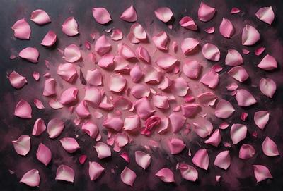 The primary subject of the image is a large group of pink flowers scattered across a surface. The setting appears to be a dark background, which contrasts with the vibrant pink color of the flowers. The visual style of the image is a close-up of the flowers, showcasing their details and texture. The colors and mood of the image are predominantly pink, creating a warm and inviting atmosphere.