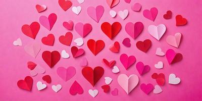 The primary subject of the image is a collection of red and pink paper hearts. These hearts are arranged on a pink background, creating a visually appealing and heartwarming scene. The hearts are scattered across the background, with some placed closer to the viewer and others further away. The overall atmosphere of the image is warm, inviting, and filled with love.