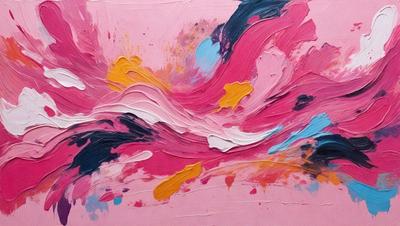 The primary subject of the image is a painting, which features a pink background with a variety of colors and patterns. The setting is a canvas, and the visual style is a mix of digital art and illustration. The dominant colors in the painting are pink and orange, creating a warm and vibrant atmosphere.