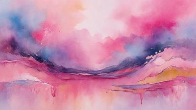 The primary subject of the image is a painting of a mountain range with a pink sky. The setting is a colorful, artistic representation of the landscape. The visual style is a painting, which gives the image a unique and creative appearance. The dominant colors are pink and purple, creating a warm and inviting atmosphere.