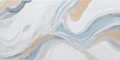 The primary subject of the image is a white and blue painting, which features a pattern of swirls and waves. The setting is a white wall, and the visual style appears to be a combination of digital art and illustration. The dominant colors in the painting are white and blue, creating a calming and serene atmosphere.