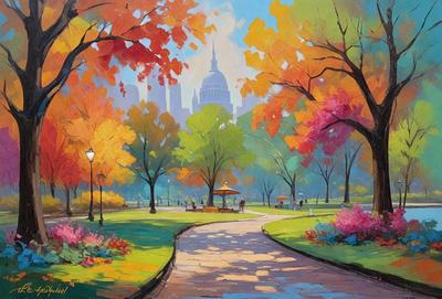 The primary subject of the image is a park with a pathway surrounded by trees and flowers. The setting is a beautiful park with a city skyline in the background. The visual style is a painting, which gives the scene a vibrant and lively atmosphere. The colors and mood are predominantly warm and inviting, with the vibrant colors of the flowers and trees creating a sense of tranquility and relaxation.