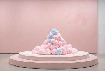 The primary subject of the image is a large pile of balls, predominantly pink and blue, arranged in a pyramid shape. The setting is a pink wall, which serves as the backdrop for the display. The visual style of the image is a combination of photo and digital art, creating a unique and eye-catching presentation. The colors and mood of the image are predominantly warm and cheerful, with the pink and blue balls adding a sense of playfulness and creativity to the scene