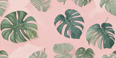 The image features a large green leaf, which is the primary subject. The leaf is placed on a pink background, creating a visually striking contrast. The leaf is depicted in a detailed and realistic manner, giving the impression of a photo or a high-quality illustration. The overall atmosphere of the image is lush and vibrant, with the green leaf being the focal point.