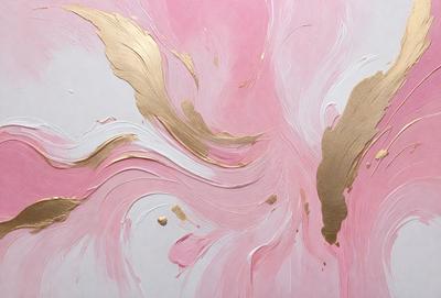 The primary subject of the image is a painting featuring a pink background with gold accents. The setting is a white wall, and the visual style appears to be a combination of digital art and illustration. The dominant colors are pink and gold, creating a warm and inviting atmosphere.