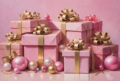 The primary subject of the image is a painting of several pink boxes with gold ribbons and pink balls. The setting is a pink background, and the visual style is a painting. The colors and mood of the painting are predominantly pink and festive, creating a warm and joyful atmosphere.