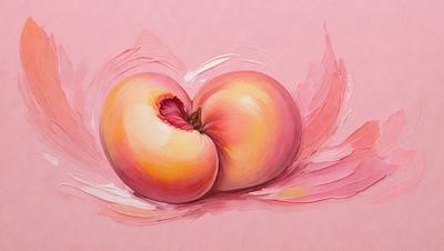 The primary subject of the image is a large, ripe peach with a red stem. The peach is placed on a pink surface, which adds a vibrant and warm tone to the scene. The visual style of the image is a painting, which showcases the artist's skill in capturing the details and colors of the peach. The colors and mood of the painting are predominantly warm and inviting, with the pink background and the rich, ripe peach as the main focus.