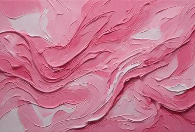 The primary subject of the image is a pink and white painting, which features a flowing, swirling design. The setting is a canvas, and the visual style is a painting. The dominant colors in the painting are pink and white, creating a warm and inviting atmosphere.