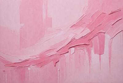 The primary subject of the image is a painting of a pink mountain. The setting is a pink background, which complements the painting. The visual style is a painting, and the colors and mood are predominantly pink, creating a warm and inviting atmosphere.