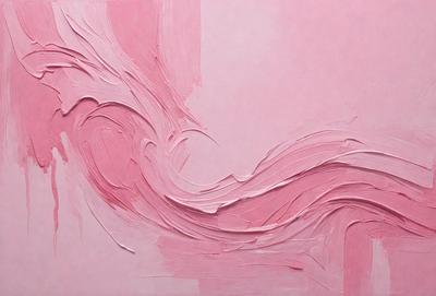 The primary subject of the image is a painting of a wave, featuring a pink background. The setting is a canvas, and the visual style is a painting. The dominant colors are pink and white, creating a calm and serene atmosphere.