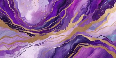 The primary subject of the image is a purple and gold painting, featuring a purple background with gold accents. The setting is a painting, and the visual style is artistic. The dominant colors are purple and gold, creating a rich and vibrant atmosphere.