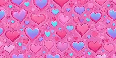 The primary subject of the image is a pattern of hearts, which are the main objects in the scene. The hearts are arranged in a visually appealing manner, creating a colorful and vibrant design. The setting is a pink background, which adds to the overall mood and atmosphere of the image. The visual style of the image is a combination of digital art and illustration, showcasing the artist's creativity and attention to detail. The dominant colors in the image are pink and various shades of hearts,