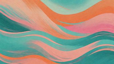 The primary subject of the image is a painting of a wave, featuring a mix of blue, orange, and green colors. The setting is a painting of a wave, and the visual style is a painting. The dominant colors and overall atmosphere of the painting are a combination of blue, orange, and green, creating a vibrant and dynamic scene.