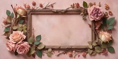 The primary subject of the image is a wooden frame with a pink background. The frame is adorned with a branch of flowers, including pink and yellow roses. The setting is a pink background, which adds a warm and inviting atmosphere to the scene. The visual style of the image is a combination of a photo and a drawing, creating a unique and artistic representation of the wooden frame with flowers. The colors and mood of the image are predominantly pink and warm, evoking a sense of love and