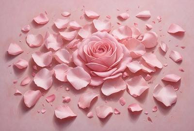 The primary subject of the image is a pink rose, which is the focal point of the scene. The rose is surrounded by a variety of pink petals, creating a visually appealing and romantic atmosphere. The setting is a pink background, which complements the rose's color and adds to the overall mood of the image. The visual style of the image is a painting, which showcases the artist's skill in capturing the beauty of the rose and its petals. The colors and mood of