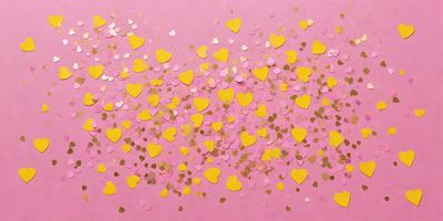 The primary subject of the image is a pink background with a pattern of hearts. The hearts are scattered across the background, creating a visually appealing and playful scene. The setting appears to be a pink surface, possibly a table or a wall, with the hearts as the main focus. The visual style of the image is a combination of digital art and illustration, as the hearts are arranged in a visually pleasing manner. The colors and mood of the image are predominantly pink, which gives it a warm