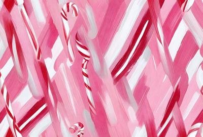 The primary subject of the image is a painting of candy canes. The setting is a pink background, and the visual style appears to be a digital art or illustration. The dominant colors in the painting are pink and white, creating a warm and festive atmosphere.