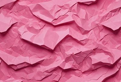 The primary subject of the image is a large pink paper wall. The setting is a room with a pink paper wall that is folded and creased, giving it a unique texture. The visual style is a close-up of the paper wall, showcasing its intricate folds and creases. The colors and mood of the image are predominantly pink, creating a warm and inviting atmosphere.
