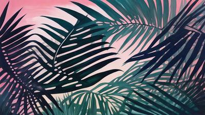 The primary subject of the image is a large palm tree with a lot of leaves. The tree is located in a tropical setting, surrounded by a vibrant pink sky. The visual style of the image is a painting, which gives it a unique and artistic appearance. The dominant colors in the painting are pink and green, creating a warm and lively atmosphere.