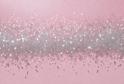 The primary subject of the image is a close-up of a pink background with a silver glittery material, possibly a confetti or a metallic fabric, covering the surface. The setting appears to be a pink background, which creates a contrast with the silver glittery material. The visual style of the image is a close-up, focusing on the details of the silver glittery material. The colors and mood of the image are predominantly pink and silver, giving it a warm and shiny