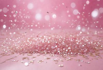 The primary subject of the image is a close-up of a pink background with a sprinkling of glittery gold confetti. The setting is a pink surface, and the visual style is a close-up of the confetti on the pink background. The colors and mood of the image are predominantly pink and gold, creating a warm and festive atmosphere.