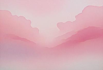 The primary subject of the image is a pink cloudy sky. The setting is a mountainous landscape, with the sky serving as the backdrop. The visual style is a combination of digital art and illustration, creating a unique and artistic representation of the scene. The dominant colors in the image are pink and purple, giving the sky a soft and dreamy appearance.