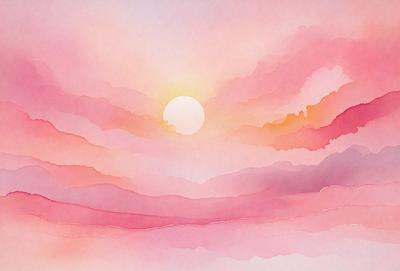 The primary subject of the image is a sunset, with the sun setting behind a cloudy sky. The setting is a cloudy sky, and the visual style is a watercolor painting. The colors and mood of the image are predominantly pink, creating a warm and serene atmosphere.