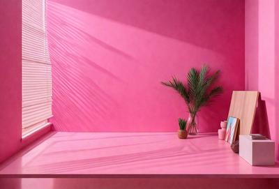 The primary subject of the image is a pink wall with a window. The setting is a room with a desk and a potted plant. The visual style is a photo, and the colors and mood are predominantly pink, creating a warm and inviting atmosphere.