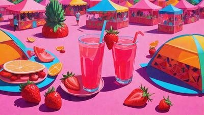 The primary subject of the image is a pink table with two glasses of pink drinks, likely strawberry juice, placed on it. The table is surrounded by a variety of fruits, including multiple oranges and strawberries. The setting appears to be a colorful and vibrant outdoor market, with a pink background and a tent visible in the background. The visual style of the image is a colorful and artistic illustration, creating a lively and cheerful atmosphere.