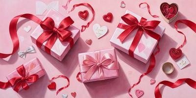 The primary subject of the image is a painting of three pink boxes with red ribbons, each containing a heart. The setting is a pink background, and the visual style is a painting. The colors and mood are predominantly pink and heartwarming, creating a warm and loving atmosphere.