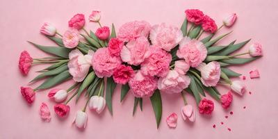 The primary subject of the image is a bouquet of pink flowers, which are the main focus of the scene. The flowers are arranged in a visually appealing manner, creating a sense of beauty and elegance. The setting is a pink background, which complements the color of the flowers and adds to the overall aesthetic of the image. The visual style of the image is a close-up of the flowers, allowing the viewer to appreciate the details and textures of the petals and stems. The colors