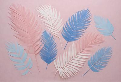 The image features a pink background with a variety of blue and white feather-like objects. These objects are arranged in a visually appealing manner, creating a sense of depth and dimension. The combination of the pink background and the blue and white feather-like objects gives the scene a vibrant and lively atmosphere. The visual style of the image is a mix of digital art and illustration, with the blue and white feather-like objects appearing to be cut out from a larger image.