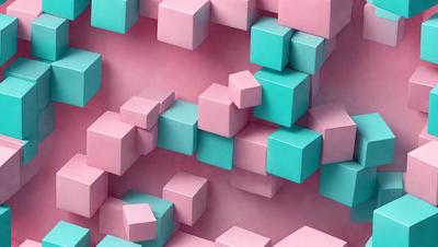 The primary subject of the image is a three-dimensional display of various colored blocks, including blue, pink, and teal. The setting is a pink and blue background, which adds a vibrant and lively atmosphere to the scene. The visual style is a combination of digital art and illustration, creating a unique and eye-catching design. The colors and mood of the image are energetic and cheerful, with the bright colors and patterns evoking a sense of playfulness and creativity.